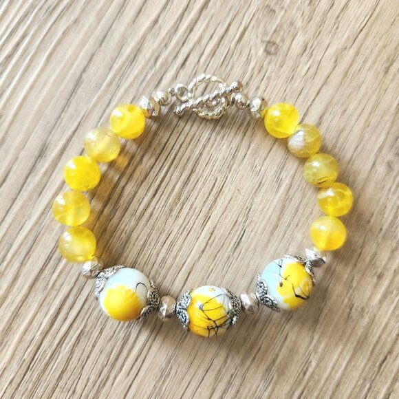 Yellow Fire Agate Bracelet Glass Focal Semi Precious Stone 7"Handmade D NWOT - Picture 2 of 8